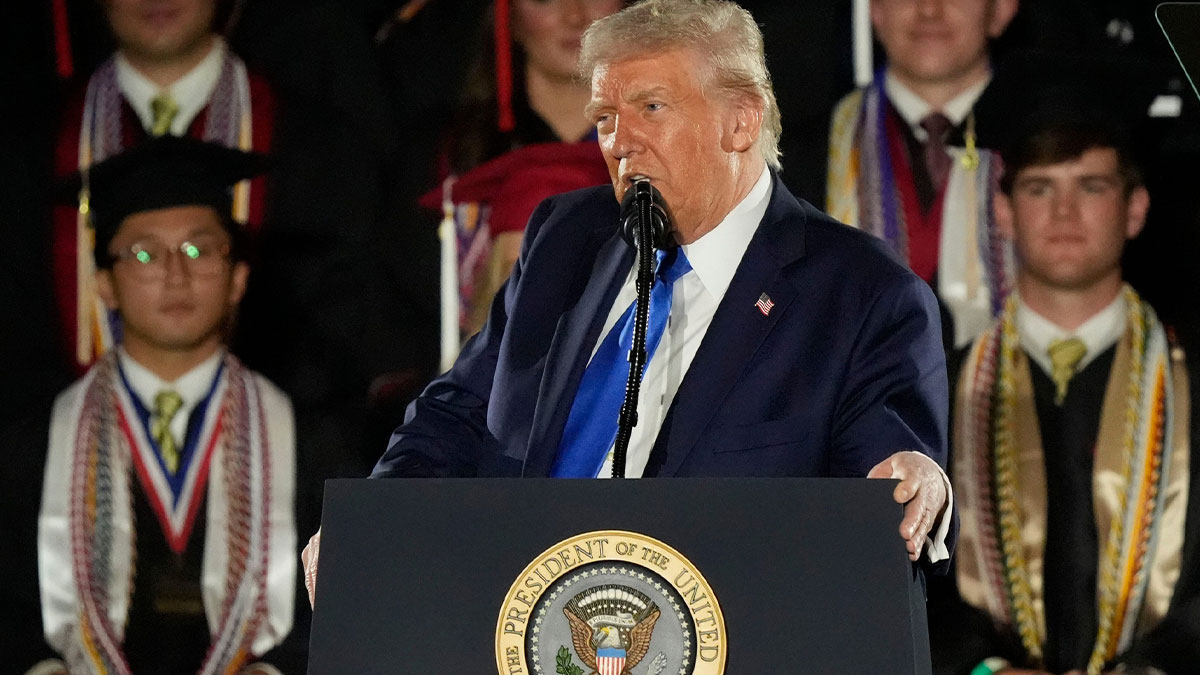 President Donald Trump delivers a special commencement address to University of Alabama graduates at Coleman Coliseum.