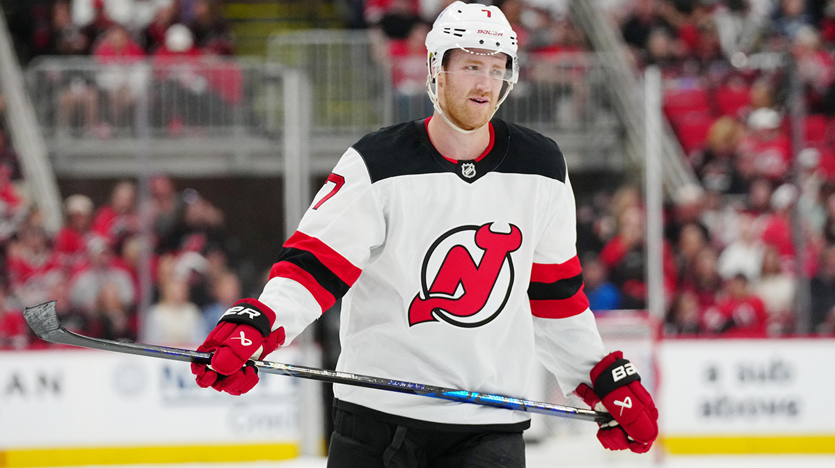 New Jersey Devils defenseman Dougie Hamilton (7) looks on against the Carolina Hurricanes during the third period of game one of the first round of the 2025 Stanley Cup Playoffs at Lenovo Center.