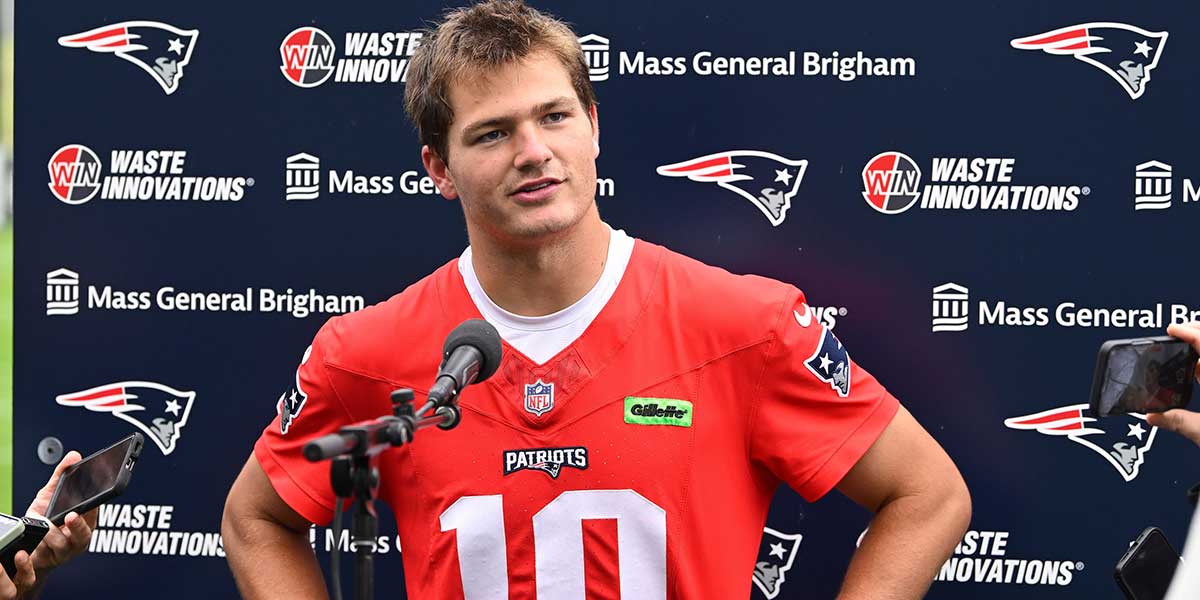New England Patriots quarterback Drake Maye (10) holds a press conference after minicamp at Gillette Stadium.