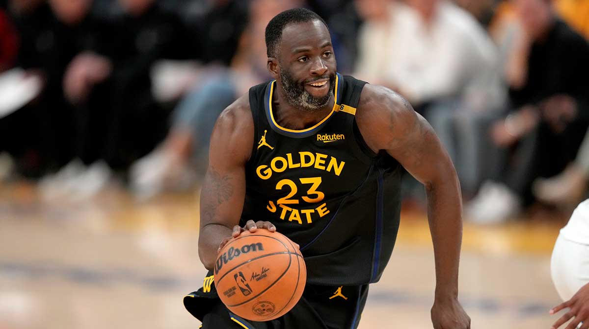 Golden State Warriors forward Draymond Green (23) dribbles the ball against the Minnesota Timberwolves in the fourth quarter during game four of the second round for the 2025 NBA Playoffs at Chase Center.