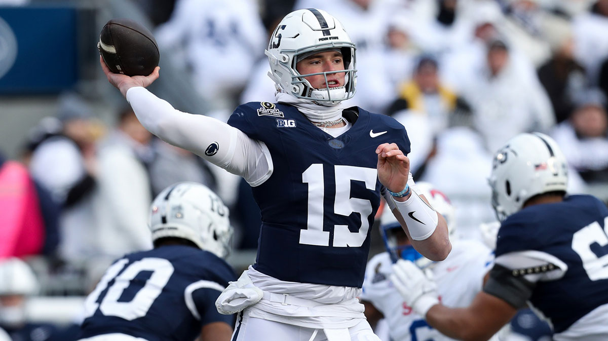 Dec 21, 2024; University Park, Pennsylvania, USA; Penn State Nittany Lions quarterback Drew Allar (15) throws a pass during the first quarter against the Southern Methodist Mustangs in the first round of the College Football Playoff at Beaver Stadium.