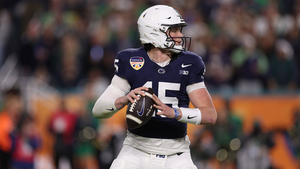 Penn State Nittany Lions quarterback Drew Allar (15) looks to pass in the second half against the Notre Dame Fighting Irish in the Orange Bowl at Hard Rock Stadium.
