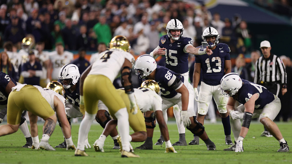Penn State Nittany Lions quarterback Drew Allar (15) calls a play in the second half against the Notre Dame Fighting Irish in the Orange Bowl at Hard Rock Stadium.
