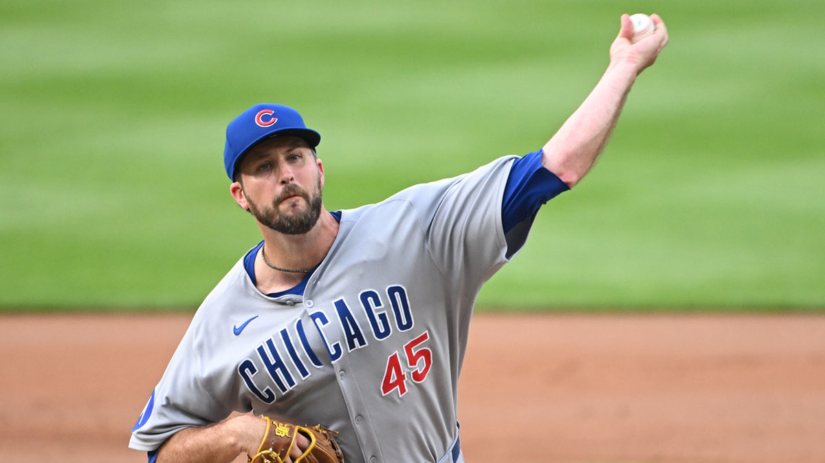 Jun 5, 2025; Washington, District of Columbia, USA; Chicago Cubs starting pitcher Drew Pomeranz (45) throws a pitch during the first inning against the Washington Nationals at Nationals Park. Mandatory Credit: Rafael Suanes-Imagn Images