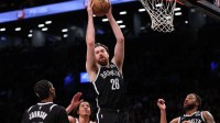 Brooklyn Nets forward Drew Timme (26) rebounds during the first half against the New York Knicks at Barclays Center.