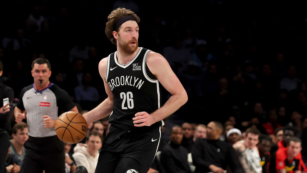 Brooklyn Nets forward Drew Timme (26) brings the ball up court against the Atlanta Hawks during the second quarter at Barclays Center.