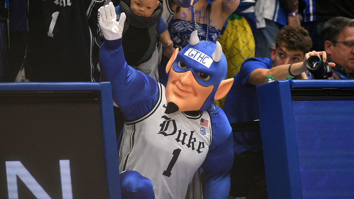 The Duke Blue Devil interacting with fans in the second half against the North Carolina Tar Heels at Cameron Indoor Stadium.