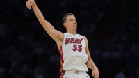 Miami Heat forward Duncan Robinson (55) watches his shot against the Cleveland Cavaliers in the third quarter during game three for the first round of the 2025 NBA Playoffs at Kaseya Center.