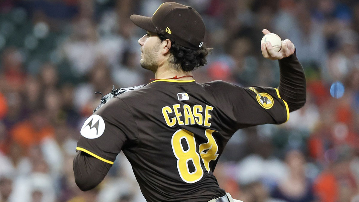 San Diego Padres starting pitcher Dylan Cease (84) pitches against the Houston Astros in the first inning at Daikin Park.