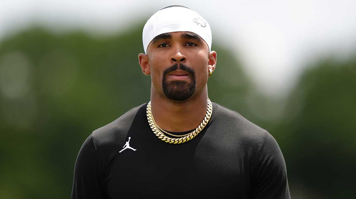 Eagles quarterback Jalen Hurts (1) looks on during training camp at NovaCare Complex