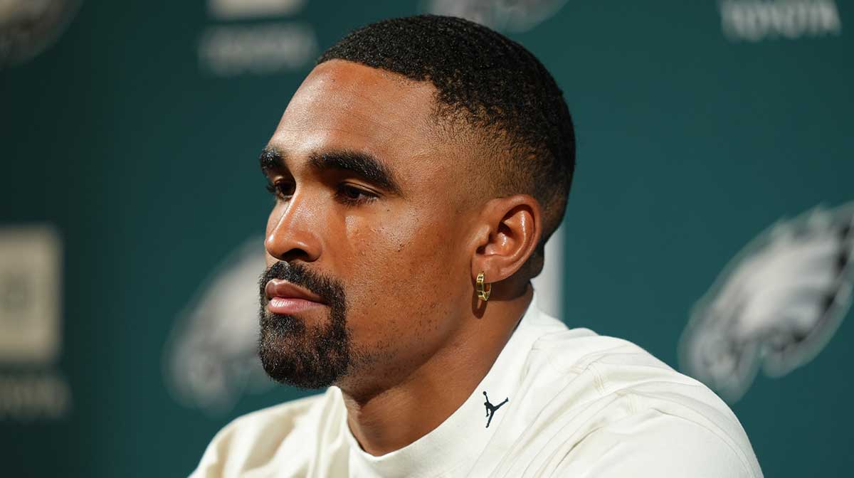 Eagles quarterback Jalen Hurts (1) addresses media during a press conference at NovaCare Complex
