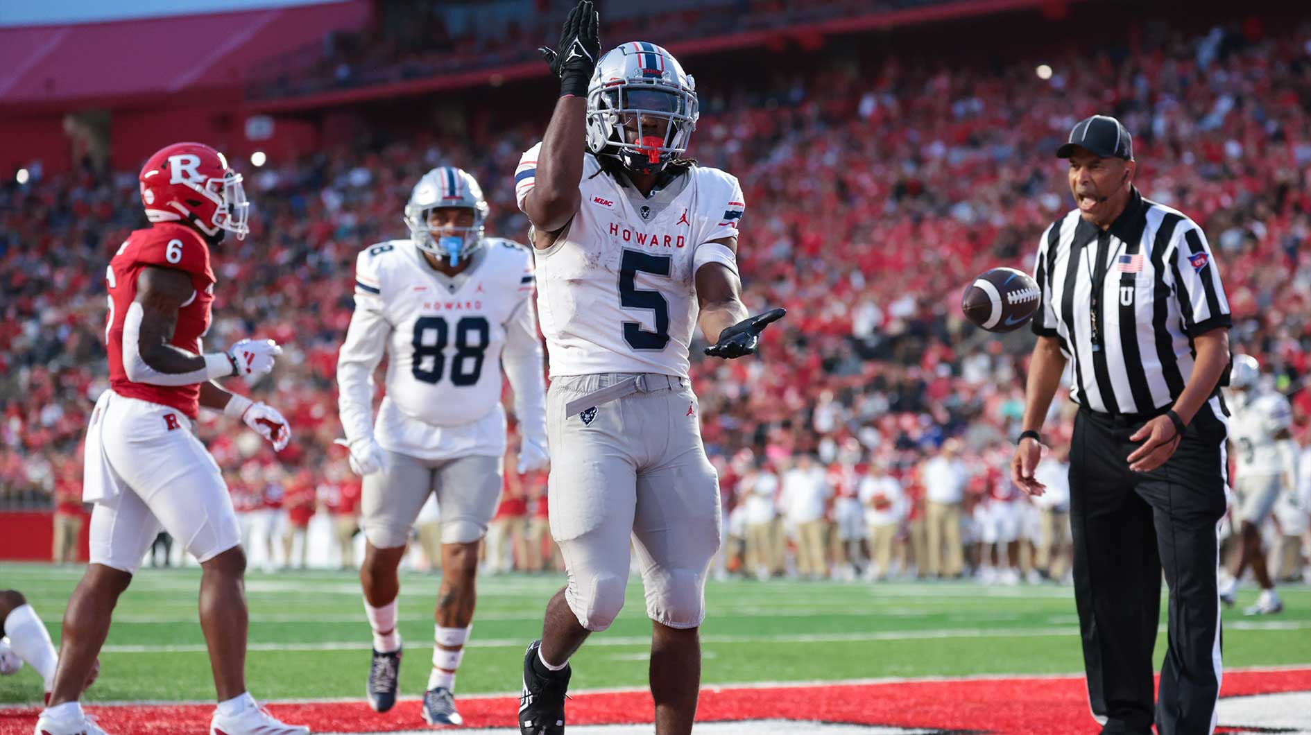 Aug 29, 2024; Piscataway, New Jersey, USA; Howard Bison running back Eden James (5) reacts after scoring a rushing touchdown