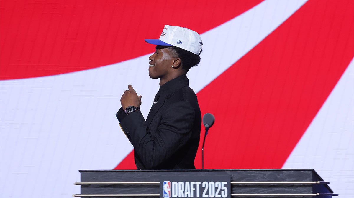 VJ Edgecombe reacts on stage after being selected as the third pick by the Philadelphia 76ers in the first round of the 2025 NBA Draft at Barclays Center.