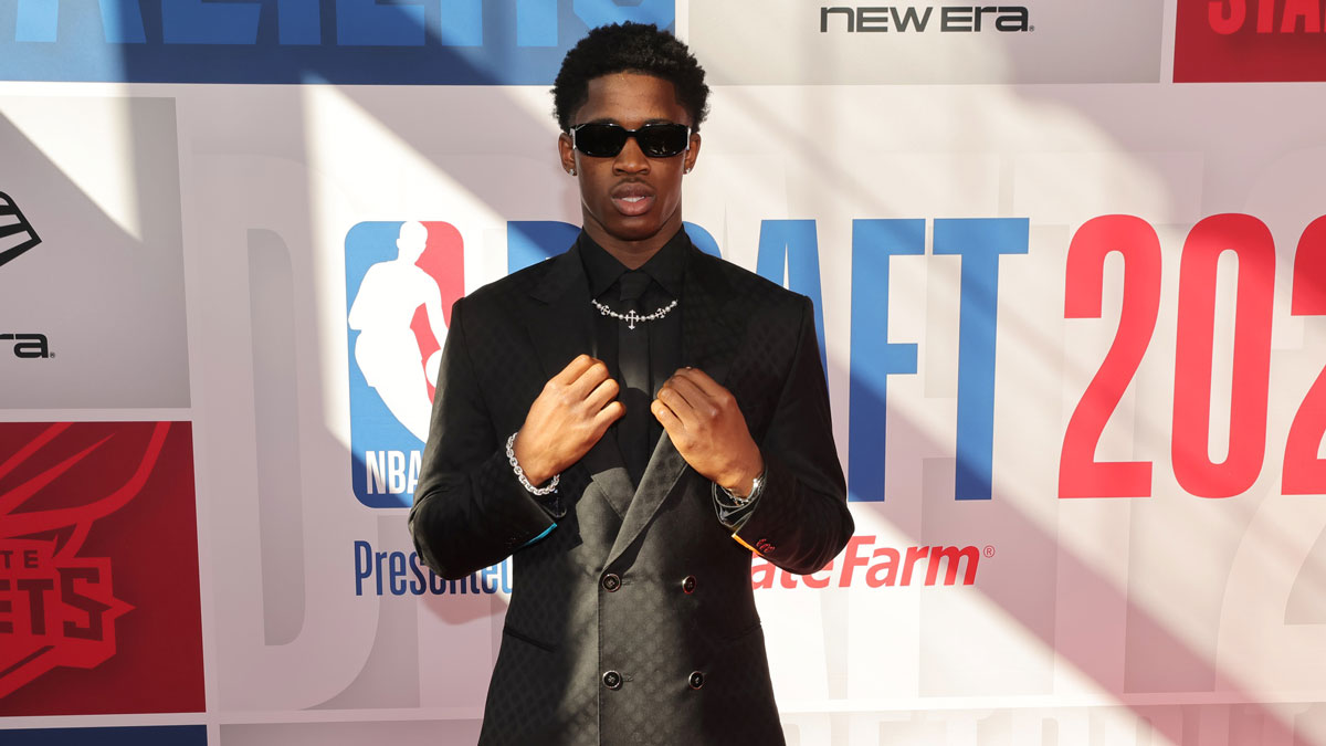 VJ Edgecombe arrives before the first round of the 2025 NBA Draft at Barclays Center.