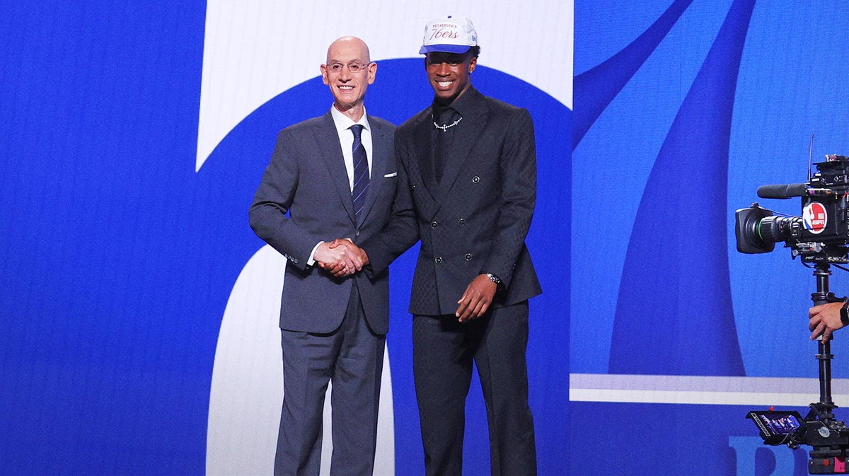 VJ Edgecombe stands with NBA commissioner Adam Silver after being selected as the third pick by the Philadelphia 76ers in the first round of the 2025 NBA Draft at Barclays Center.
