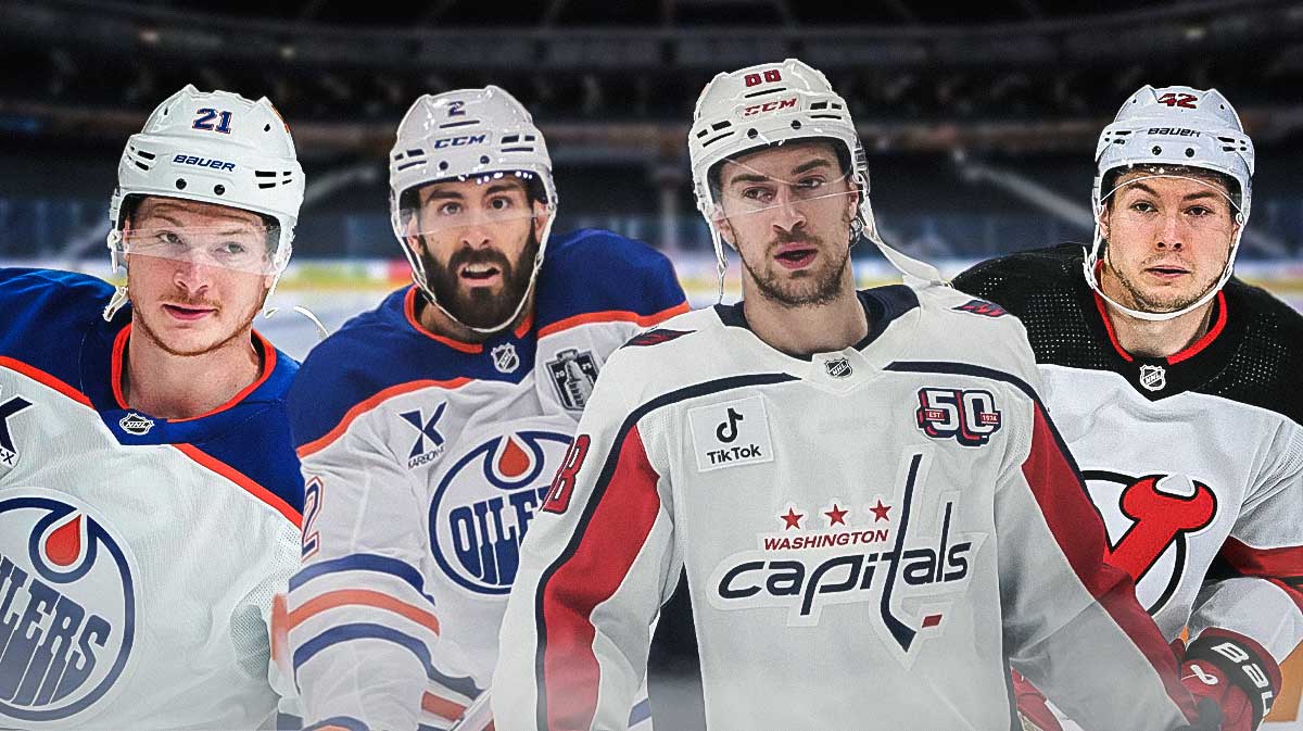 Trent Frederic, Evan Bouchard, Andrew Mangiapane, and Curtis Lazar with the Oilers logo in the background, nhl free agency, Oilers free agency grade