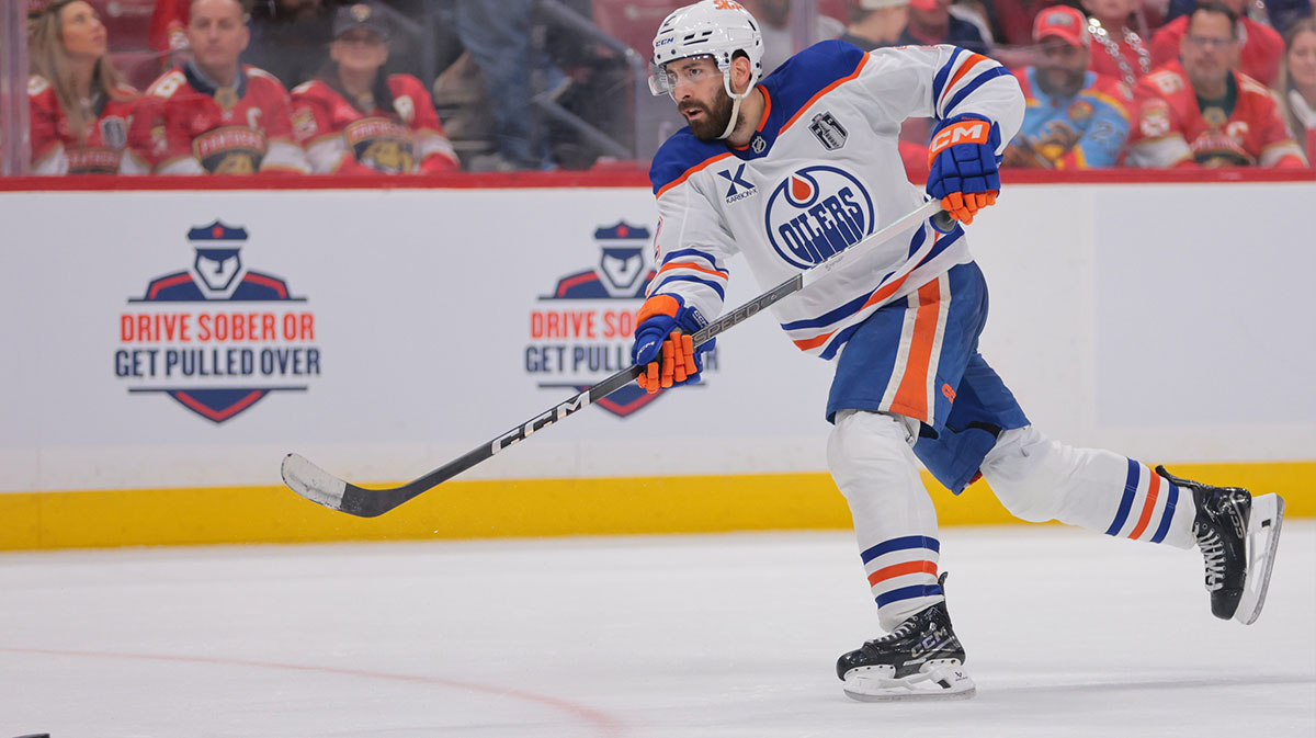 Edmonton Oilers defenseman Evan Bouchard (2) shoots the puck during the third period against the Florida Panthers in game three of the 2025 Stanley Cup Final at Amerant Bank Arena.