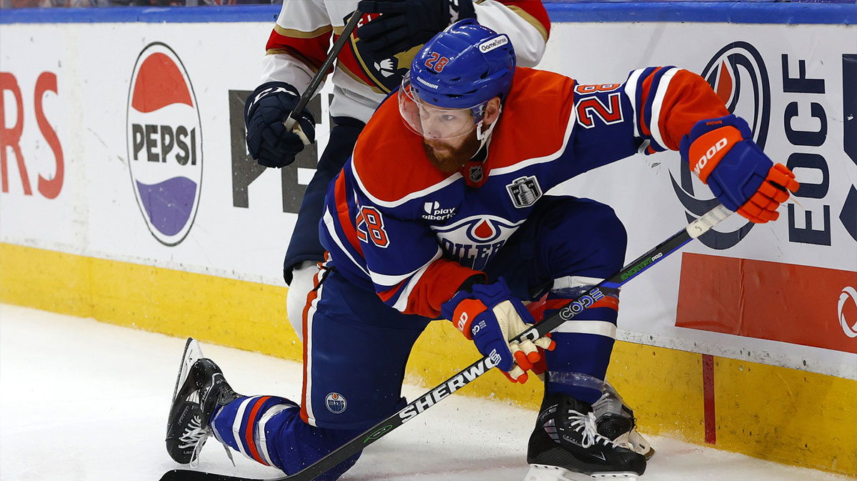 Edmonton Oilers right wing Connor Brown (28) skates with the puck against the Florida Panthers during double overtime in game two of the 2025 Stanley Cup Final at Rogers Place.