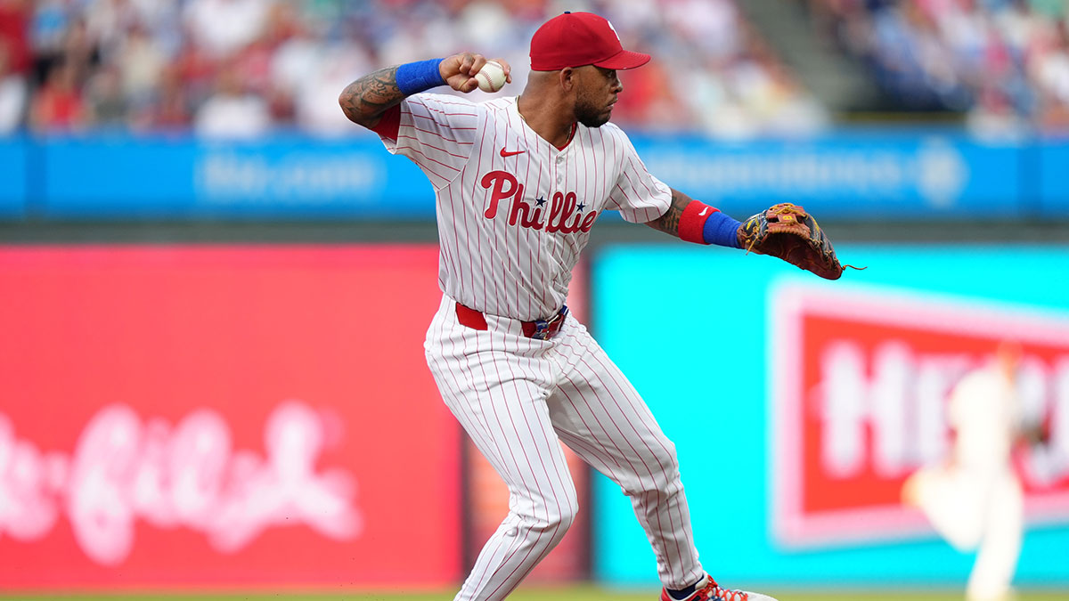Philadelphia Phillies infielder Edmundo Sosa (33) throws to first against the Boston Red Sox in the first inning