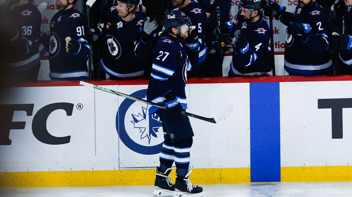 Winnipeg Jets forward Nikolaj Ehlers (27) is congratulated by his teammates after his goal against the Dallas Stars during the third period in game five of the second round of the 2025 Stanley Cup Playoffs at Canada Life Centre.