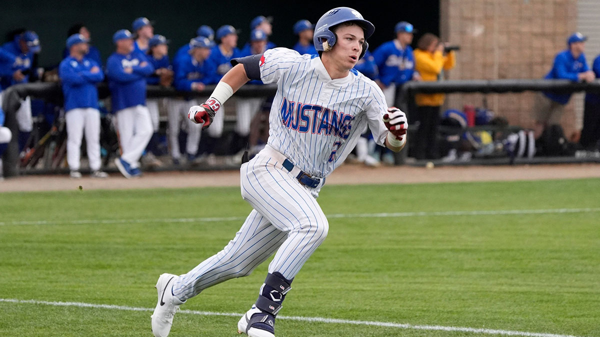 Fort Cobb-Broxton's Eli Willits runs to first after hitting a fly ball during the high school baseball game between Fort Cobb-Broxton and Stillwater at Edmond Santa Fe High School