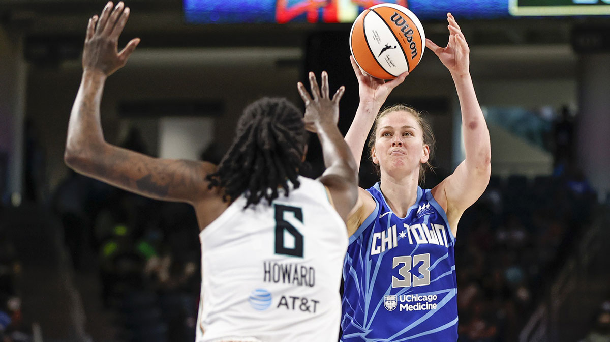 Chicago Sky forward Emma Meesseman (33) shoots against New York Liberty forward Natasha Howard (6) during the first half of the WNBA game at Wintrust Arena.