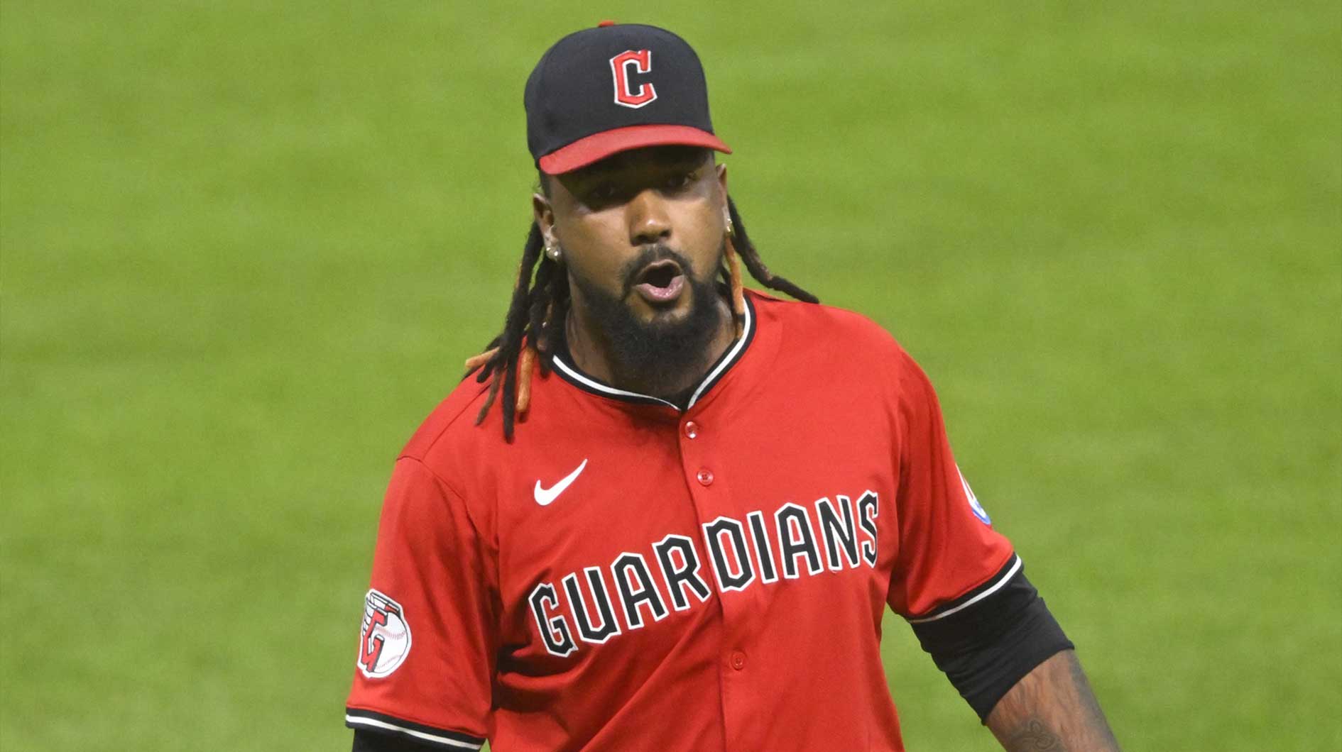Cleveland Guardians relief pitcher Emmanuel Clase (48) reacts after a win over the Baltimore Orioles at Progressive Field.