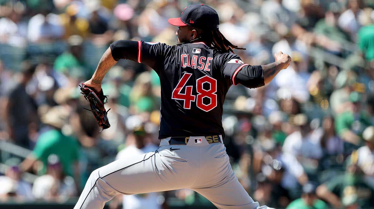 Cleveland Guardians pitcher Emmanuel Clase (48) throws a pitch against the Athletics during the ninth inning at Sutter Health Park.