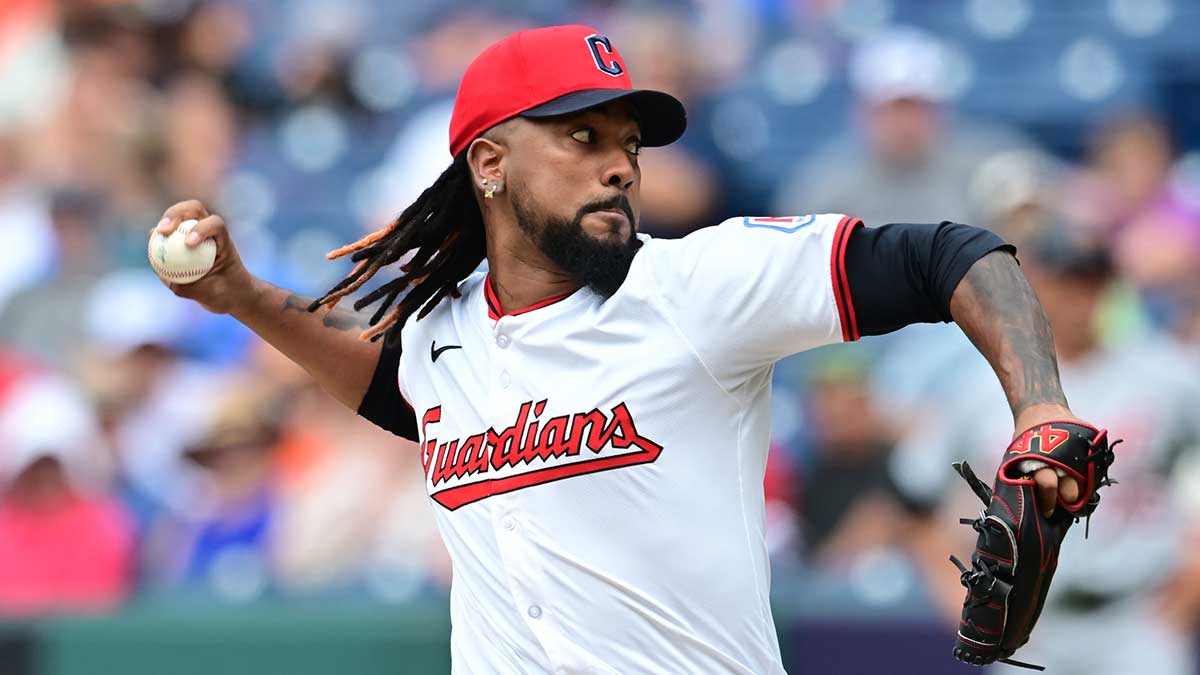 Cleveland Guardians relief pitcher Emmanuel Clase (48) throws a pitch during the ninth inning against the Detroit Tigers at Progressive Field.