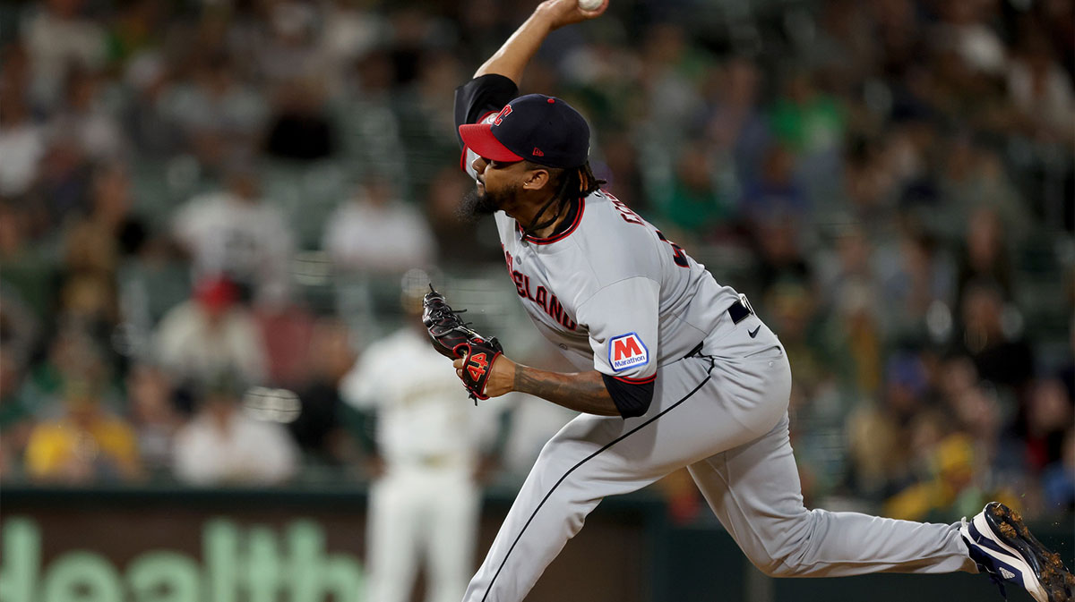 Cleveland Guardians pitcher Emmanuel Clase (48) throws a pitch against the Athletics during the ninth inning at Sutter Health Park.