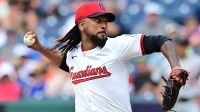 Cleveland Guardians relief pitcher Emmanuel Clase (48) throws a pitch during the ninth inning against the Detroit Tigers at Progressive Field.
