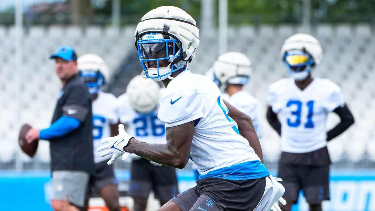 Detroit Lions cornerback Ennis Rakestraw Jr. (9) runs a drill during training camp at Meijer Performance Center in Allen Park on Sunday, July 20, 2025.