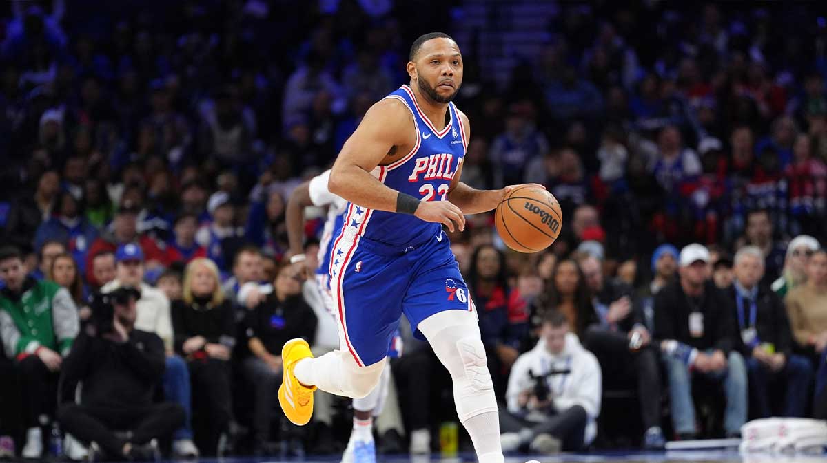 Philadelphia 76ers guard Eric Gordon (23) controls the ball against the Miami Heat in the fourth quarter at Wells Fargo Center.