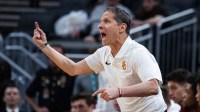 USC Trojans head coach Eric Musselman in the second half against the Rutgers Scarlet Knights at Gainbridge Fieldhouse.