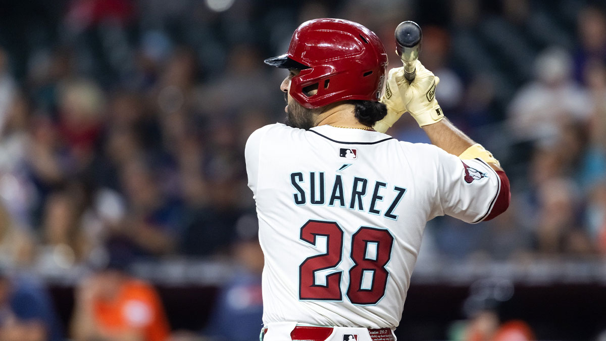 Jul 22, 2025; Phoenix, Arizona, USA; Detailed view of the jersey of Arizona Diamondbacks designated hitter Eugenio Suarez (28) against the Houston Astros at Chase Field.