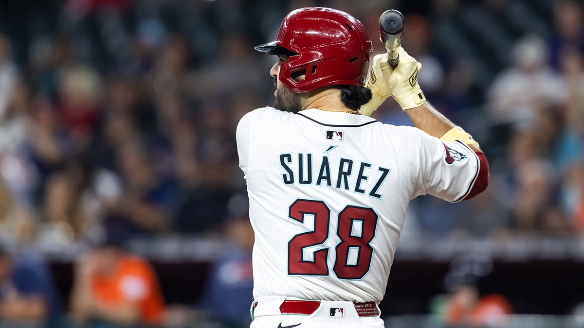 Jul 22, 2025; Phoenix, Arizona, USA; Detailed view of the jersey of Arizona Diamondbacks designated hitter Eugenio Suarez (28) against the Houston Astros at Chase Field.