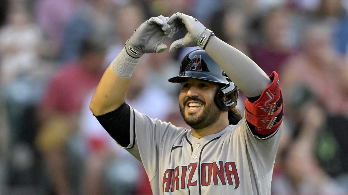 Arizona Diamondbacks third baseman Eugenio Suarez (28) celebrates after hitting his second solo home run of the game during the fourth inning against the Los Angeles Angels at Angel Stadium.