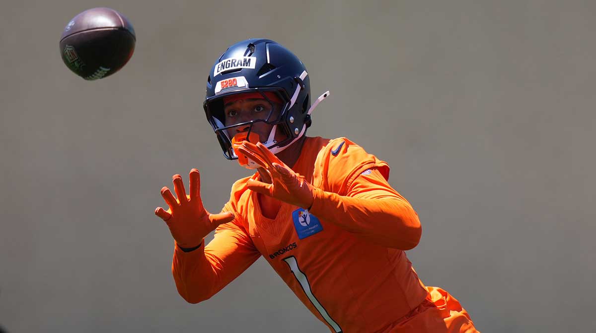 Denver Broncos tight end Evan Engram (1) during minicamp at Broncos Park Powered by CommonSpirit.