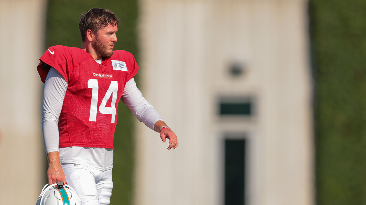 Miami Dolphins quarterback Quinn Ewers (14) looks on during training camp at Baptist Health Training Complex.