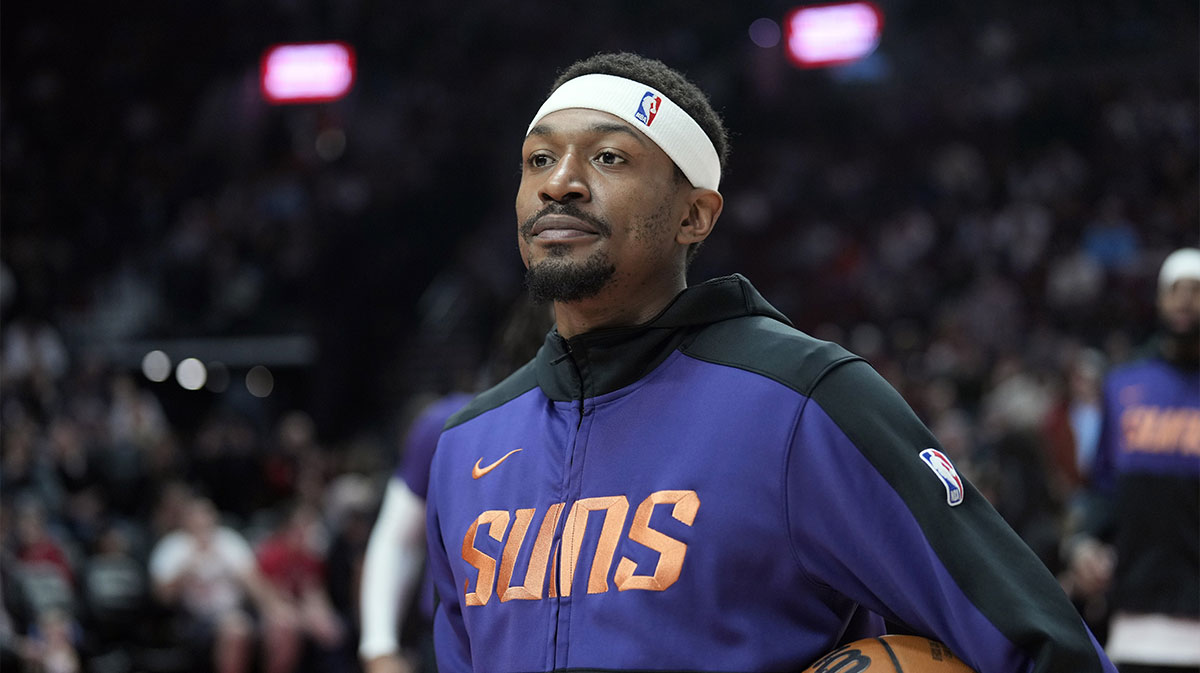 Phoenix Suns shooting guard Bradley Beal (3) looks on before the game against the Portland Trail Blazers at Moda Center.