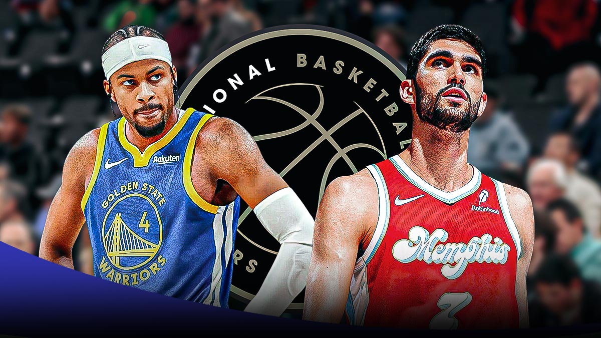 Warriors' Moses Moody and Grizzlies' Santi Aldama with NBPA logo