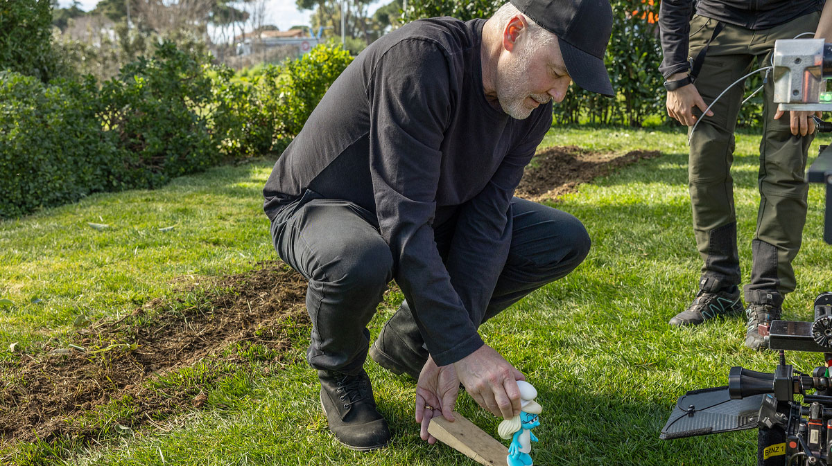 Director Chris Miller behind the scenes of the new 2025 Smurfs movie.