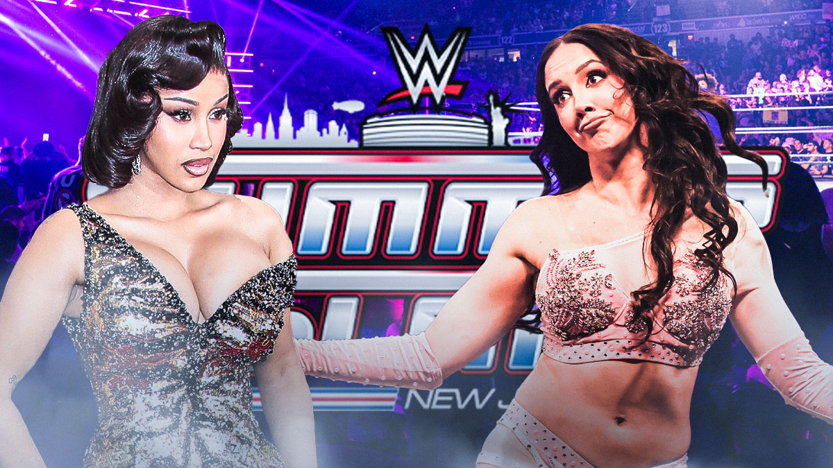 Cardi B and WWE star Chelsea Green with 2025 SummerSlam logo.