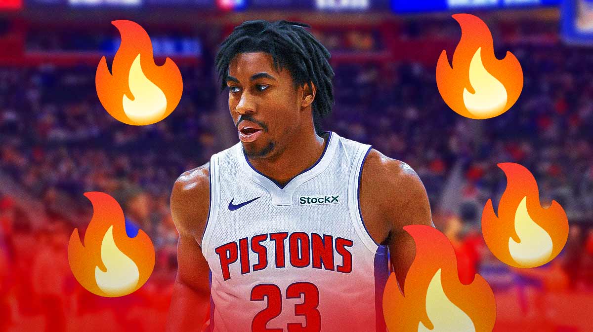 Jaden Ivey on the court with flame emojis around him Detroit Pistons