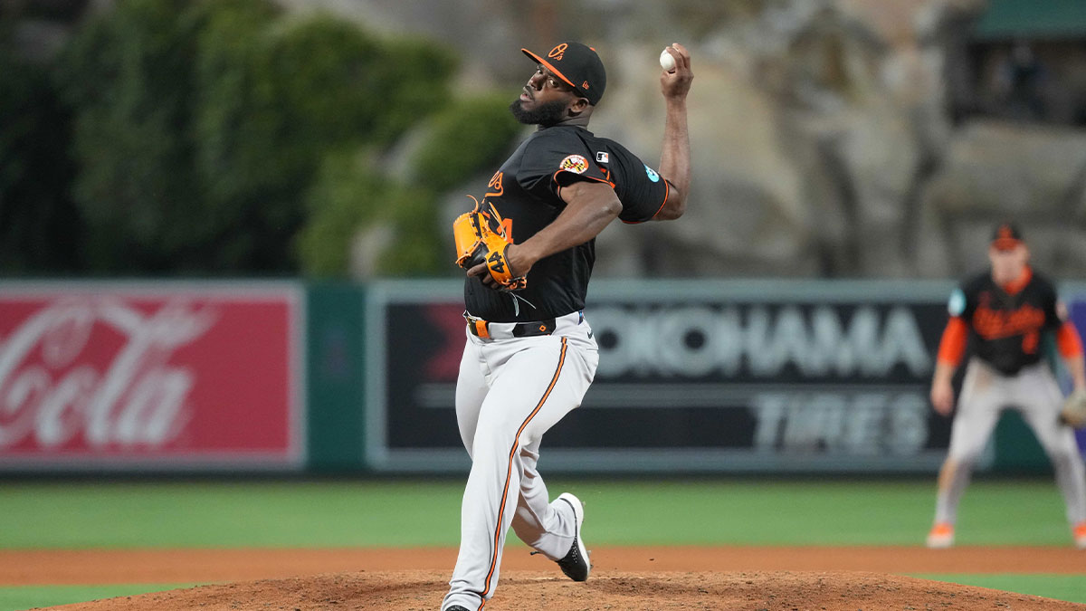 May 9, 2025; Anaheim, California, USA; Baltimore Orioles relief pitcher Felix Bautista (74) throws in the ninth inning against the Los Angeles Angels at Angel Stadium.