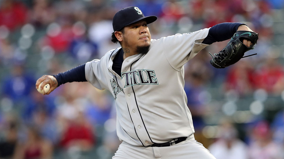 Seattle Mariners starting pitcher Felix Hernandez (34) throws during the first inning against the Texas Rangers at Globe Life Park in Arlington.