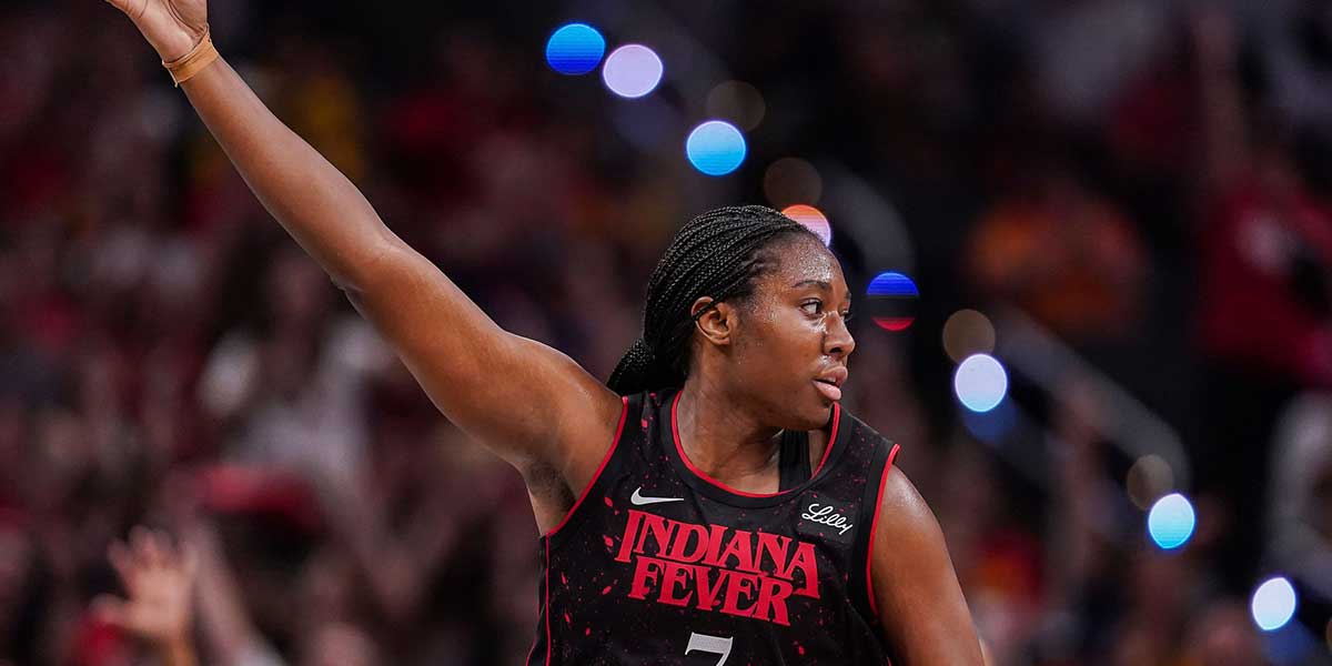 Indiana Fever forward Aliyah Boston (7) celebrates a three-point basket Thursday, July 24, 2025, during the game