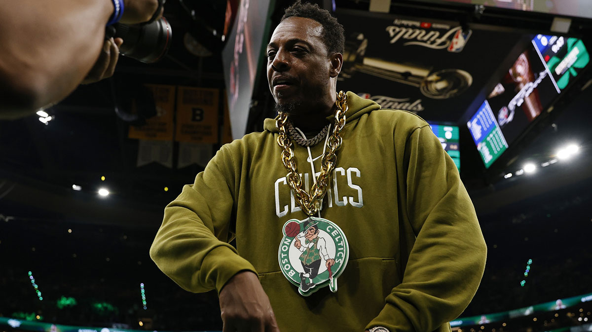 Boston Celtics former player Paul Pierce looks into a video camera on the court before game two of the 2024 NBA Finals between the Boston Celtics and the Dallas Mavericks at TD Garden.