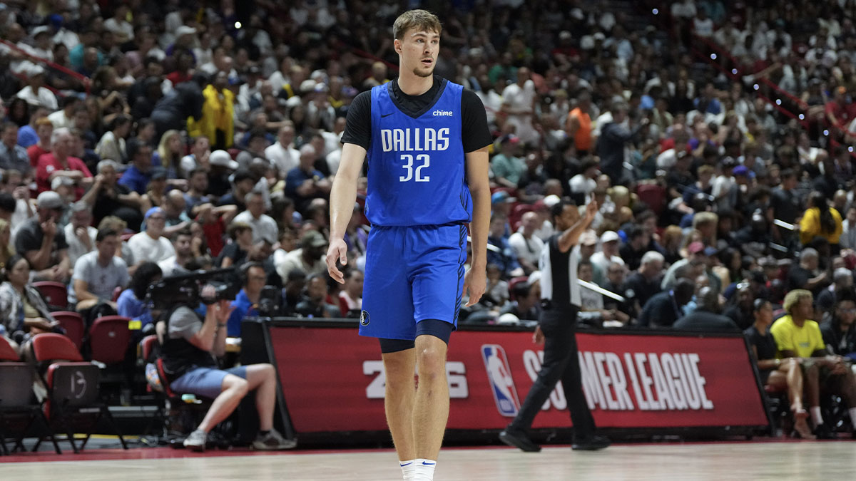 Dallas Mavericks forward Cooper Flagg (32) looks on during the first quarter of their game against the San Antonio Spurs at Thomas & Mack Center.