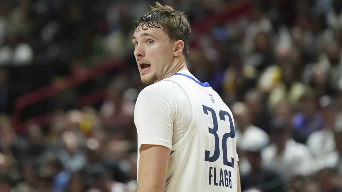 Dallas Mavericks forward Cooper Flagg (32) looks on against the Los Angeles Lakers in the second quarter of their game at Thomas & Mack Center.